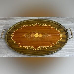 VTG Italian Marquetry Sorrento Wood Floral Inlay Oval Tray With Brass Handles